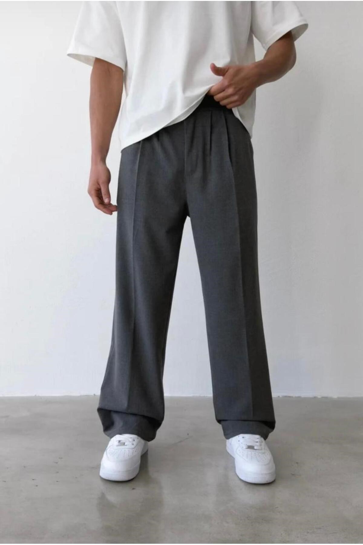 Erkek Füme Baggy Fit Rahat Kesim Pileli Kumaş Pantolon