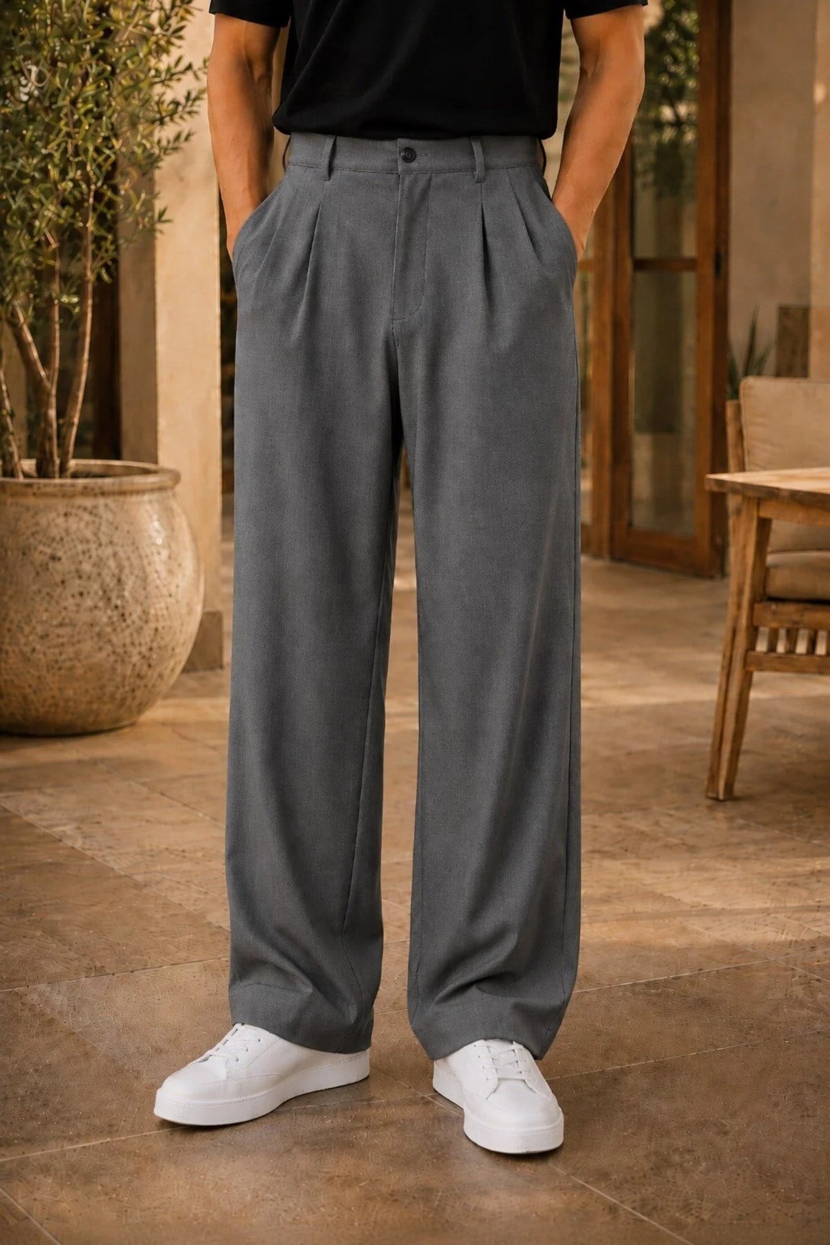 Erkek Füme Baggy Fit Rahat Kesim Pileli Kumaş Pantolon