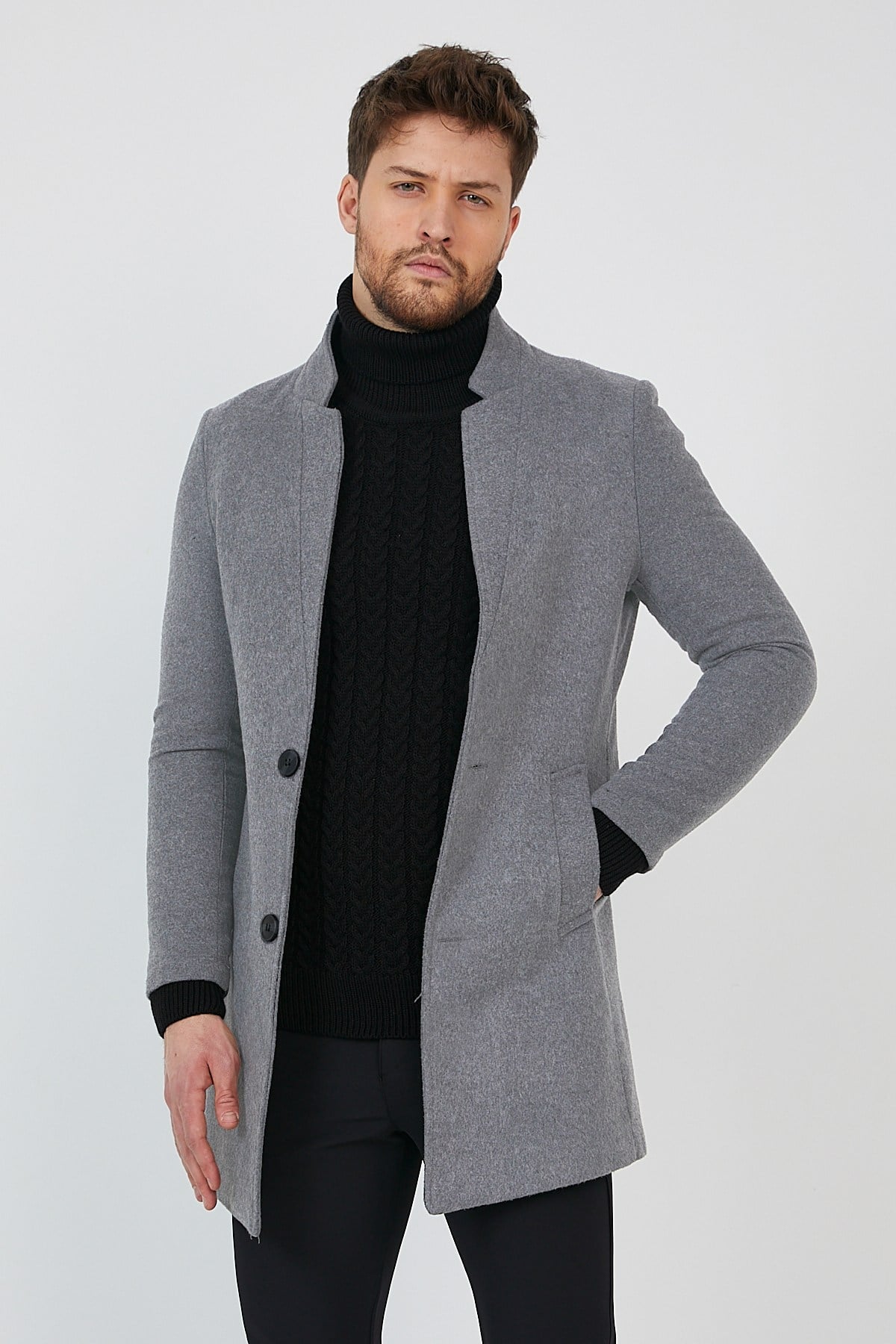 Erkek Füme Kaşe Kaban Slim Fit Dik Yaka Kışlık Kaban Palto