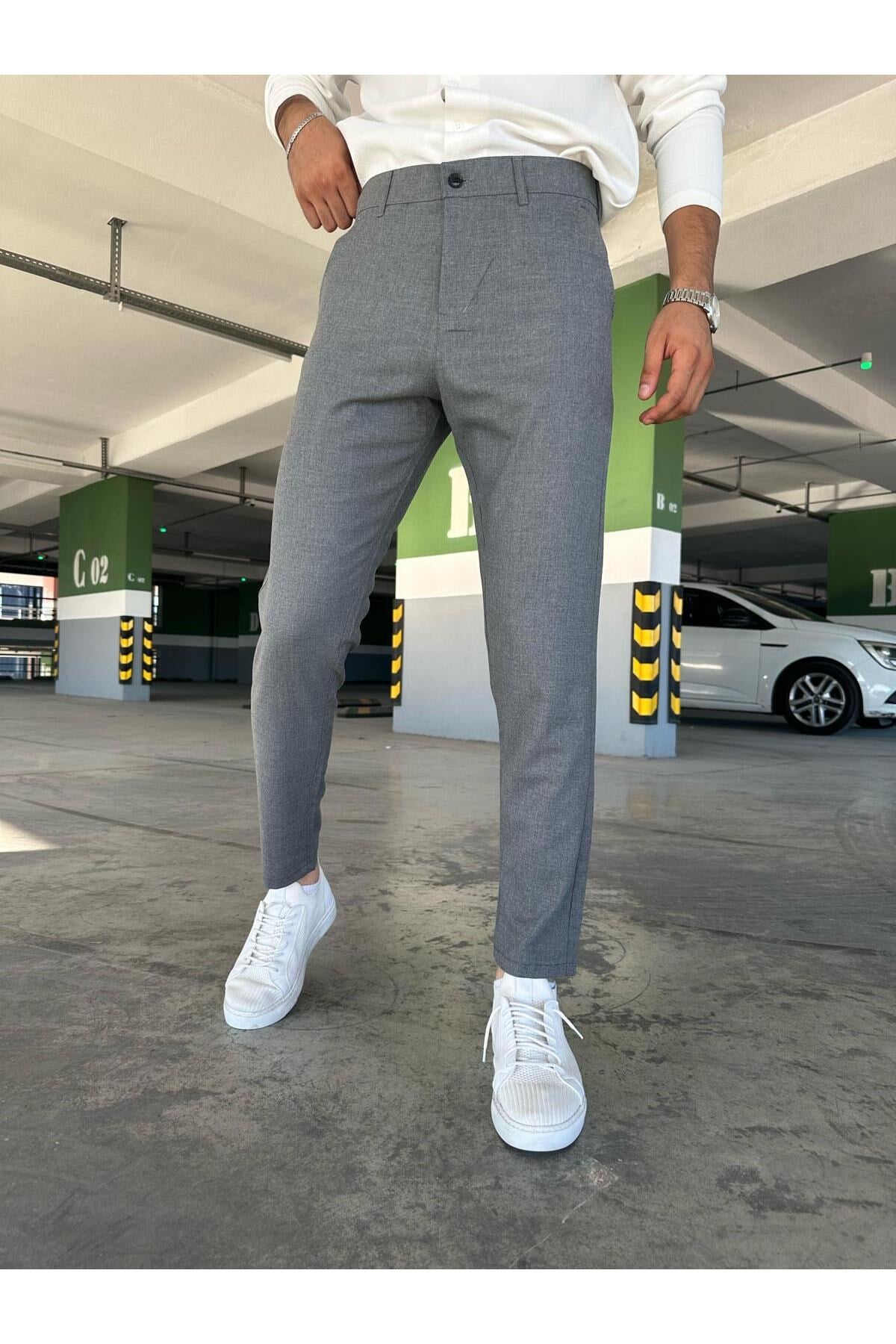 Erkek Füme Slim Fit Dar Kesim Likralı Yan Cep Bilek Boy Düz Kumaş Pantolon
