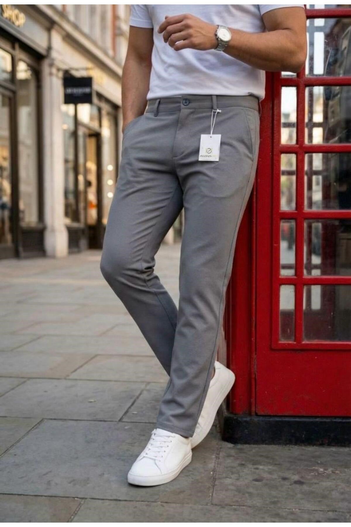 Erkek Füme Slim Fit Dar Kesim Likralı Yan Cep Bilek Boy Düz Kumaş Pantolon