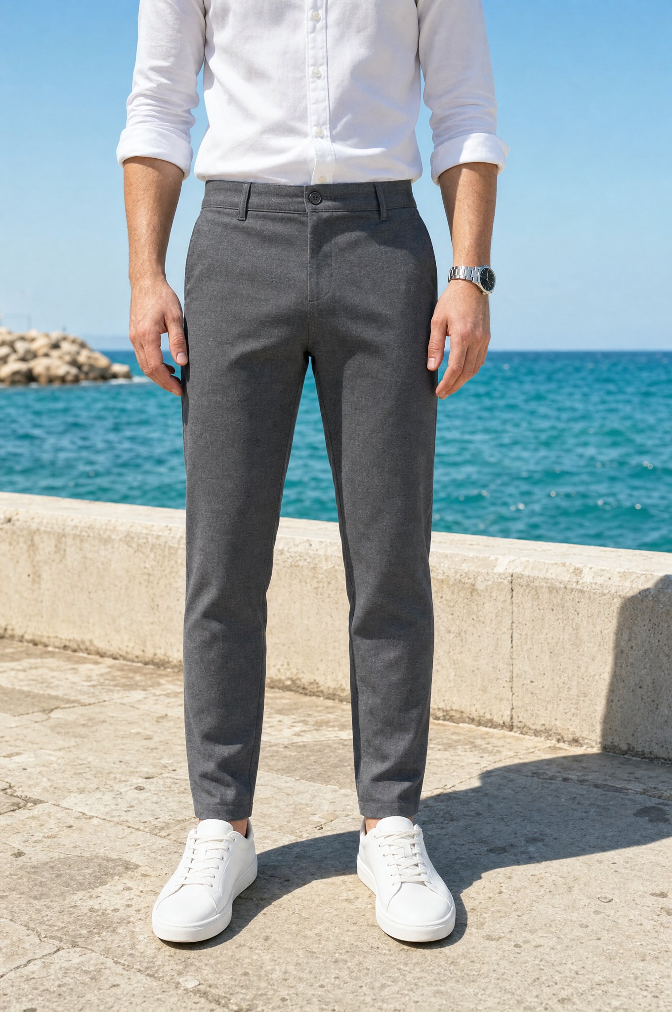 Erkek Füme Slim Fit Dar Kesim Likralı Yan Cep Bilek Boy Düz Kumaş Pantolon