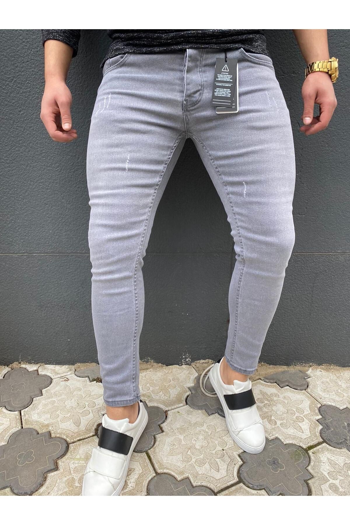Erkek Füme Slim Fit Lazerli Likralı Jean Pantolon