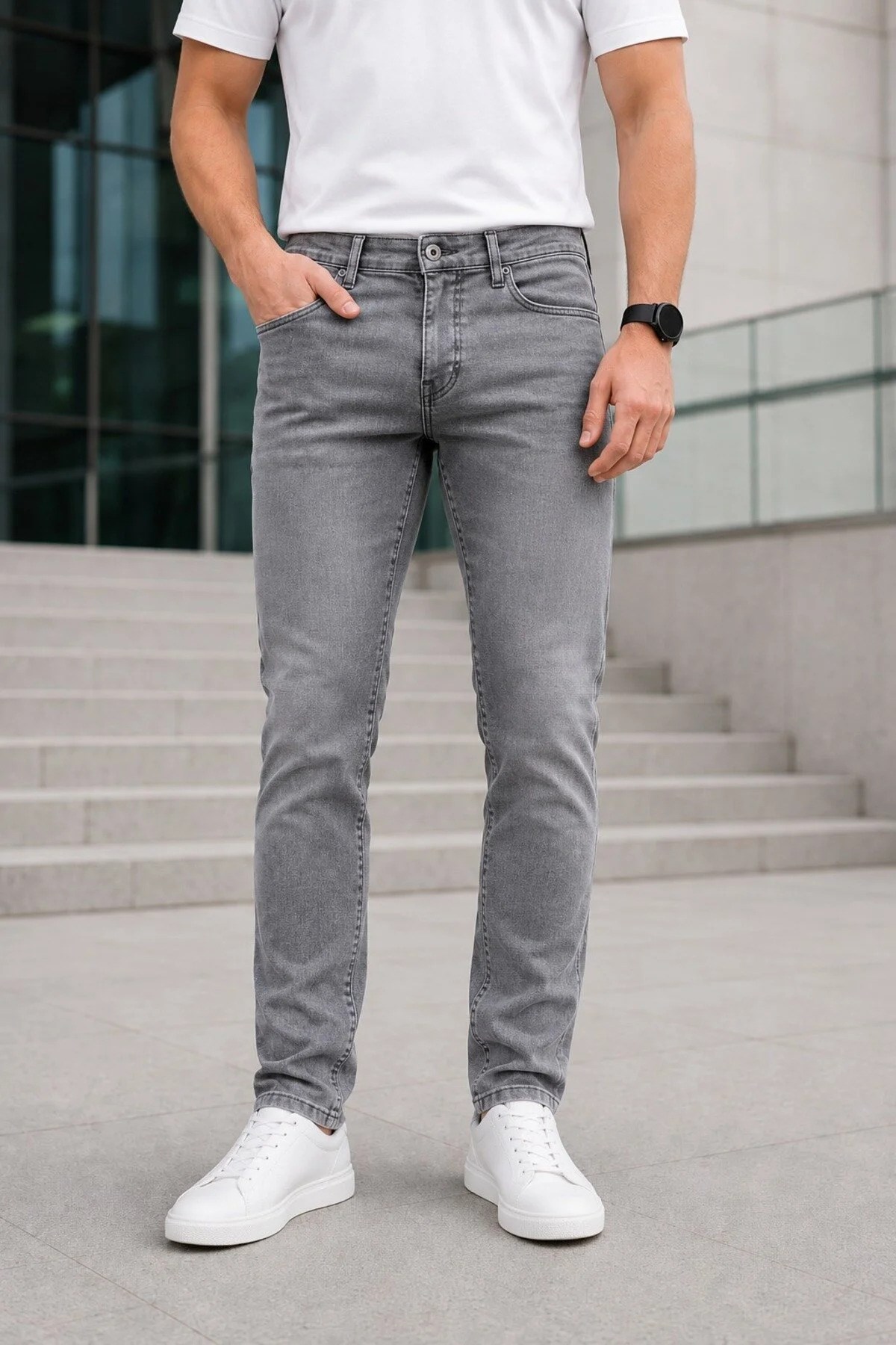 Erkek Füme Slim Fit Likralı Jean Pantolon