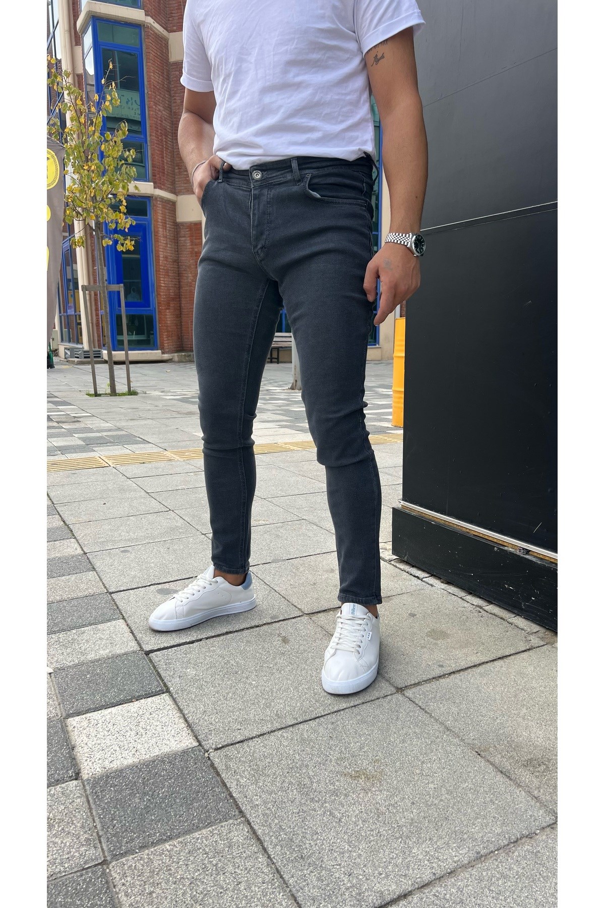 Erkek Füme Slim Fit Likralı Jean Pantolon