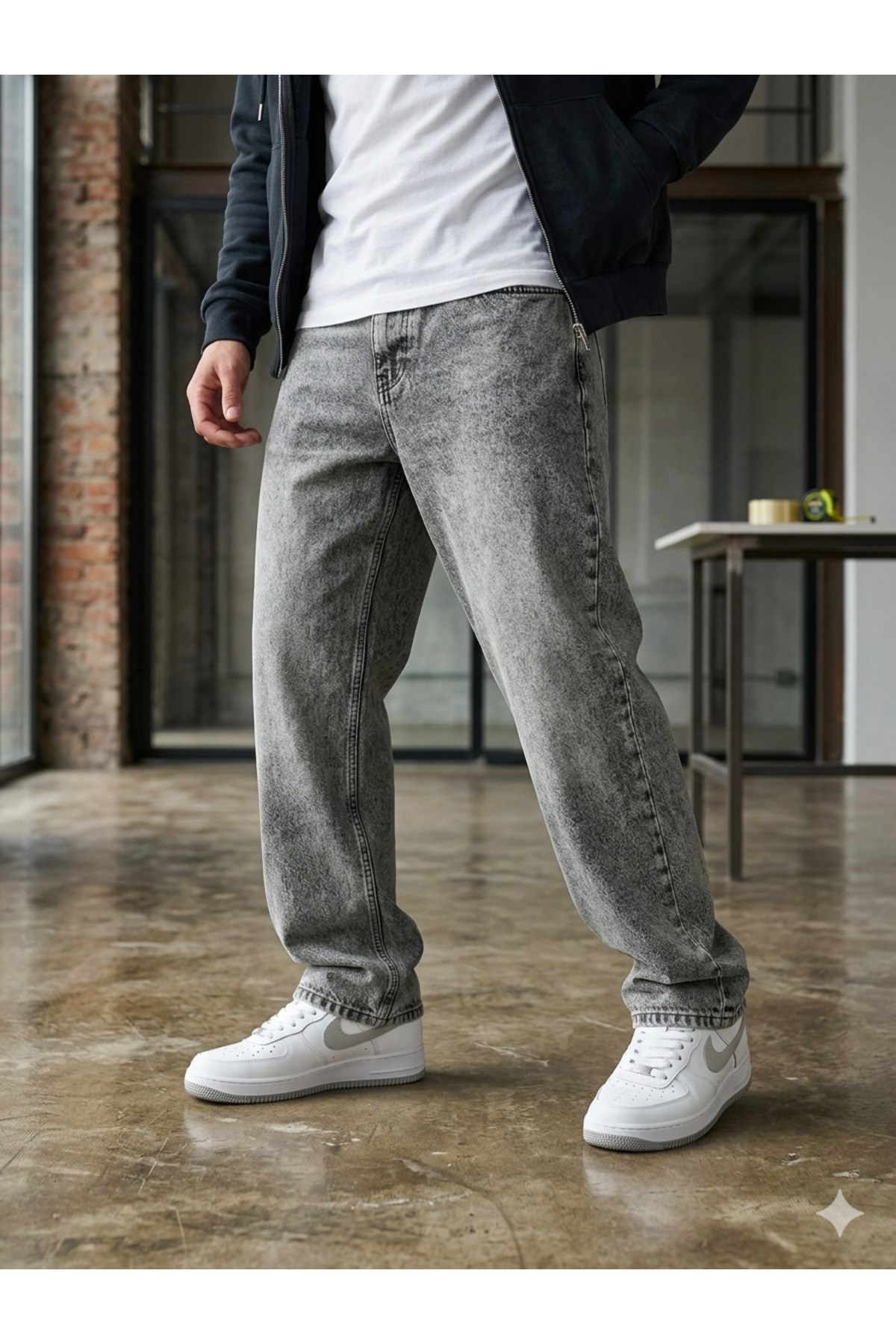 Erkek Gri Baggy Fit Geniş Kesim Jean Pantolon