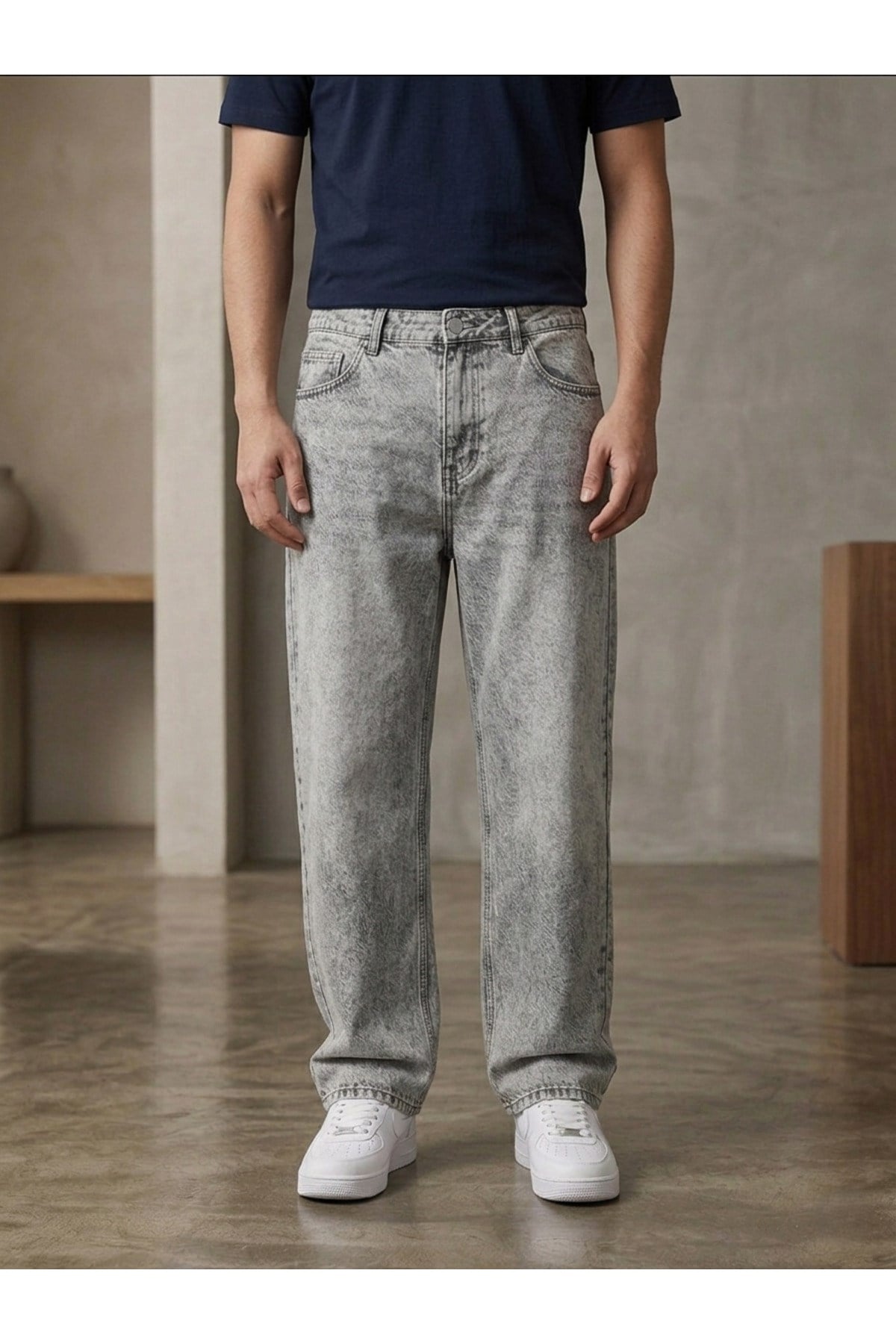 Erkek Gri Baggy Fit Geniş Kesim Jean Pantolon