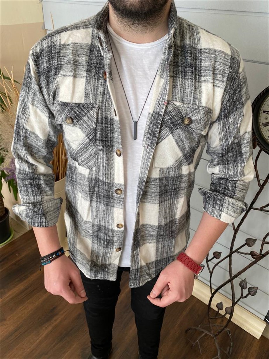 Erkek Gri Çift Cepli Kışlık Oduncu Gömlek