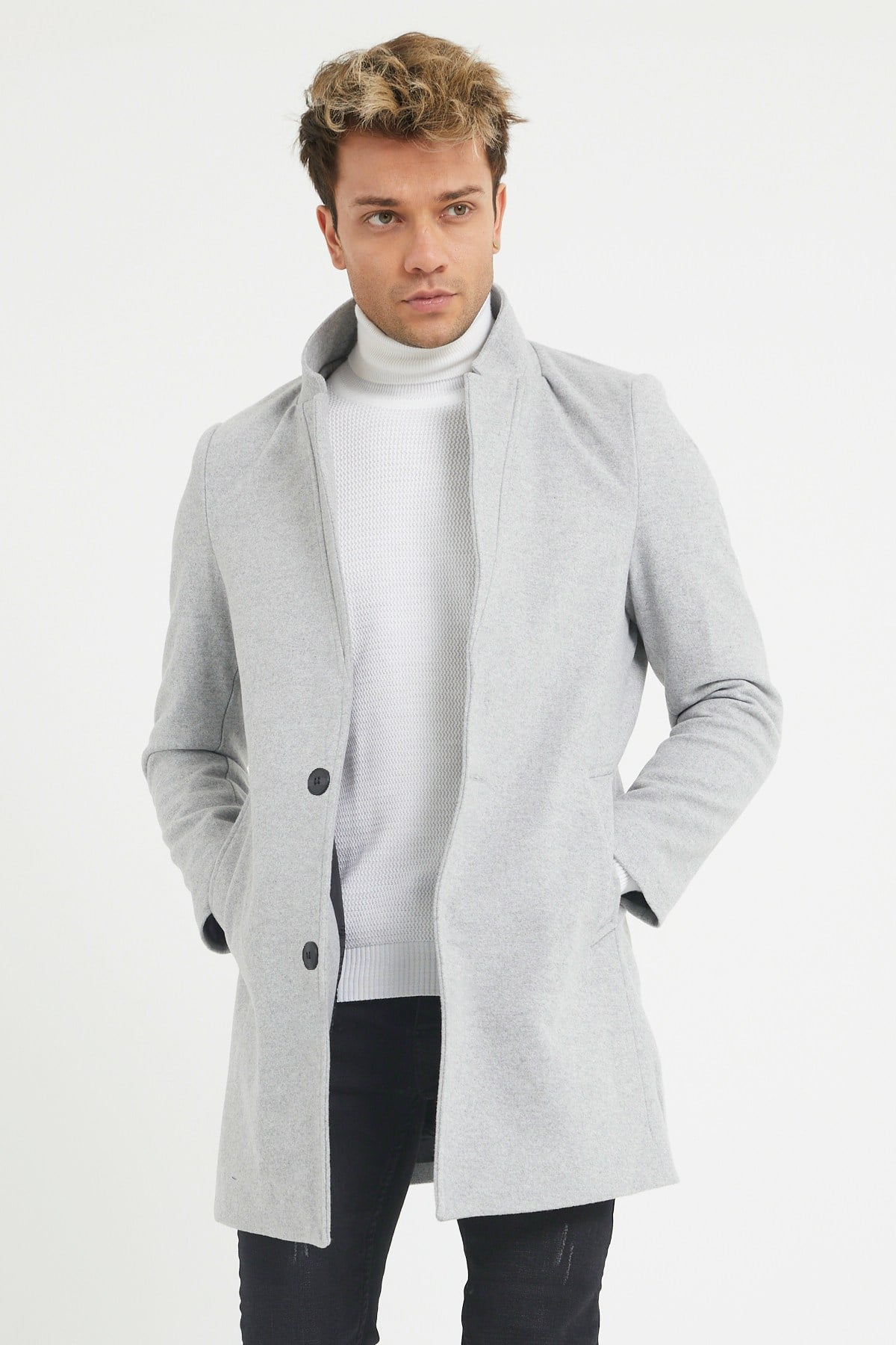 Erkek Gri Kaşe Kaban Slim Fit Dik Yaka Kışlık Kaban Palto