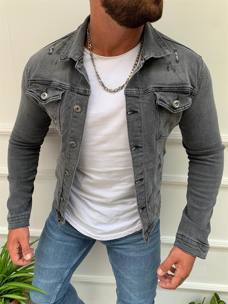 Erkek Gri Slim Fit Lazerli Kot Ceket