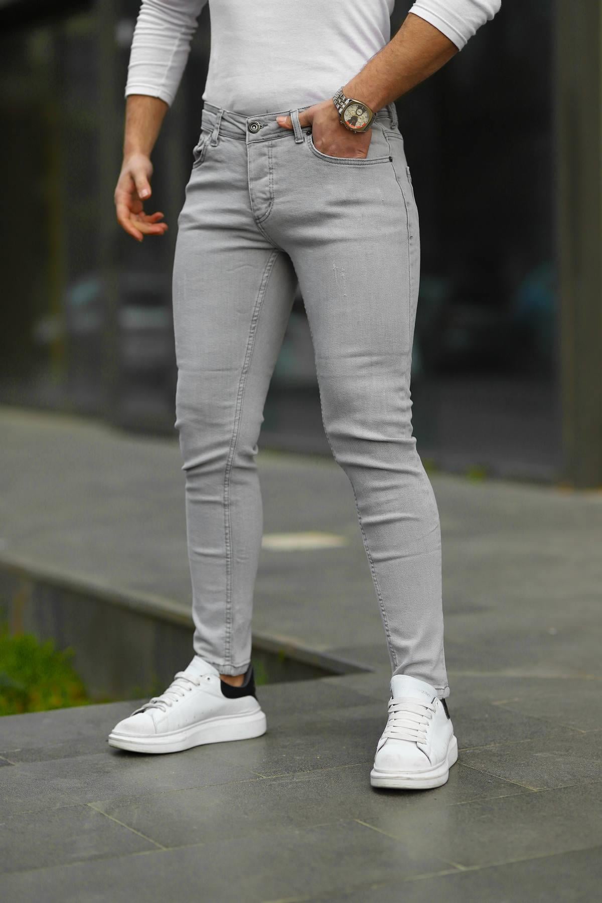 Erkek Gri Slim Fit Likralı Dar Paça Lazerli Kot Pantolon