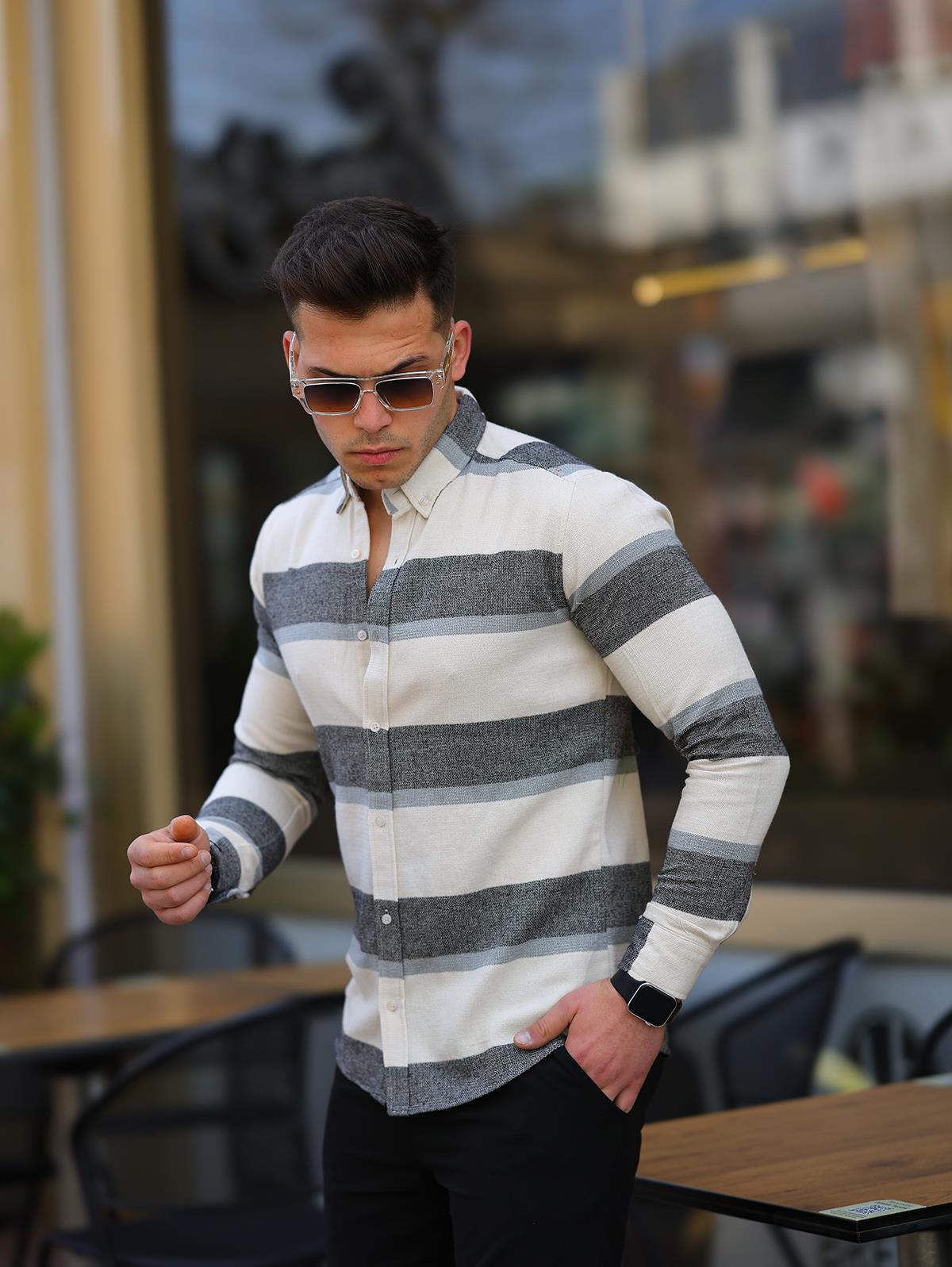 Erkek Gri Slim Fit Panelli Ham Keten Gömlek