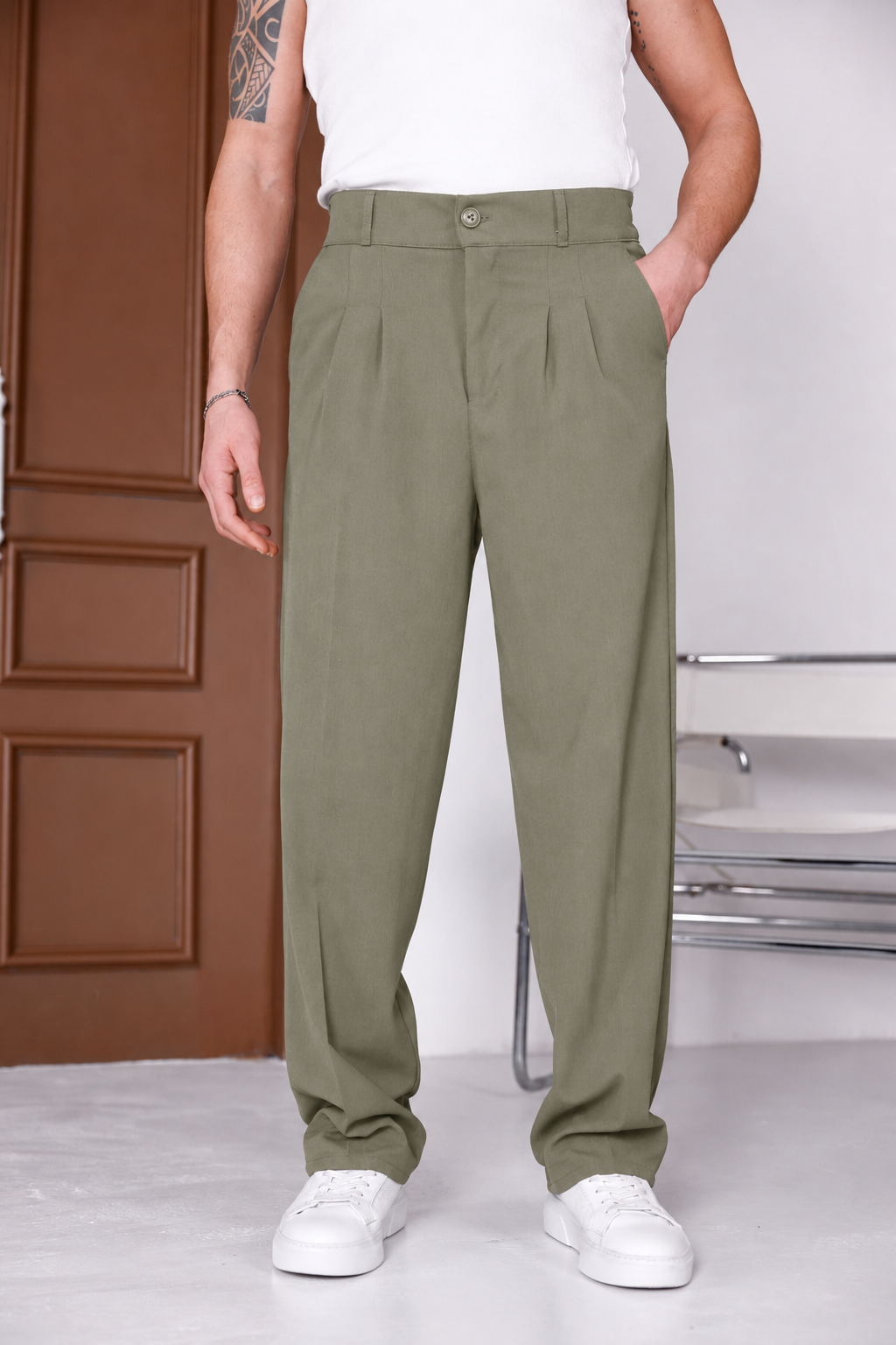 Erkek Haki Baggy Fit Rahat Kesim Pileli Kumaş Pantolon