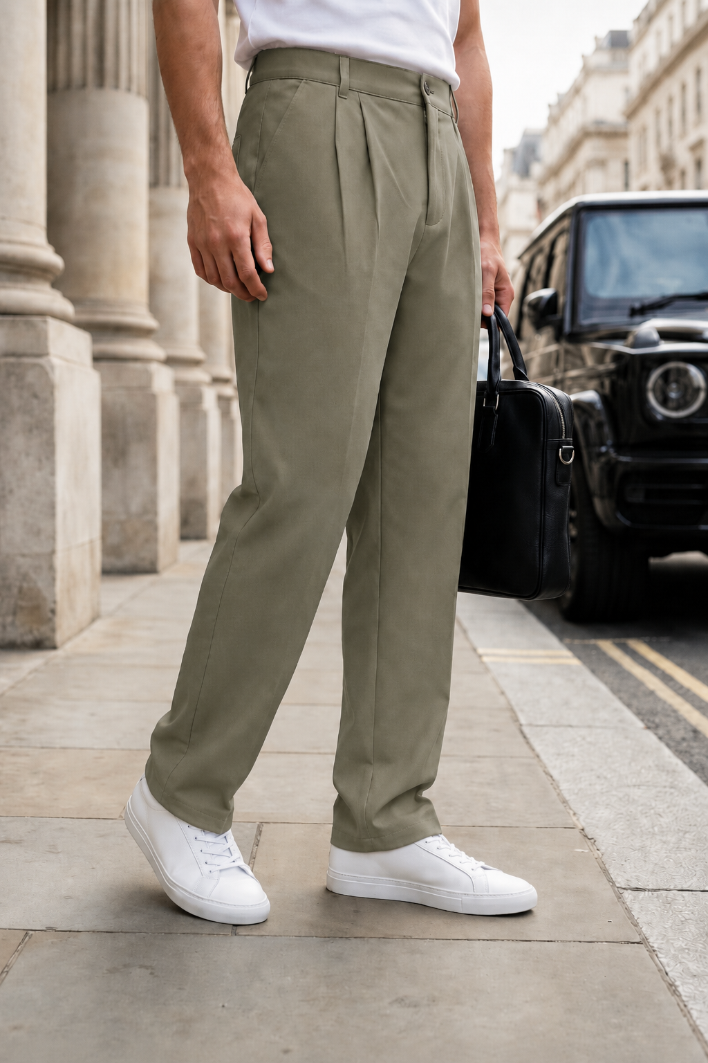 Erkek Haki Baggy Fit Rahat Kesim Pileli Kumaş Pantolon