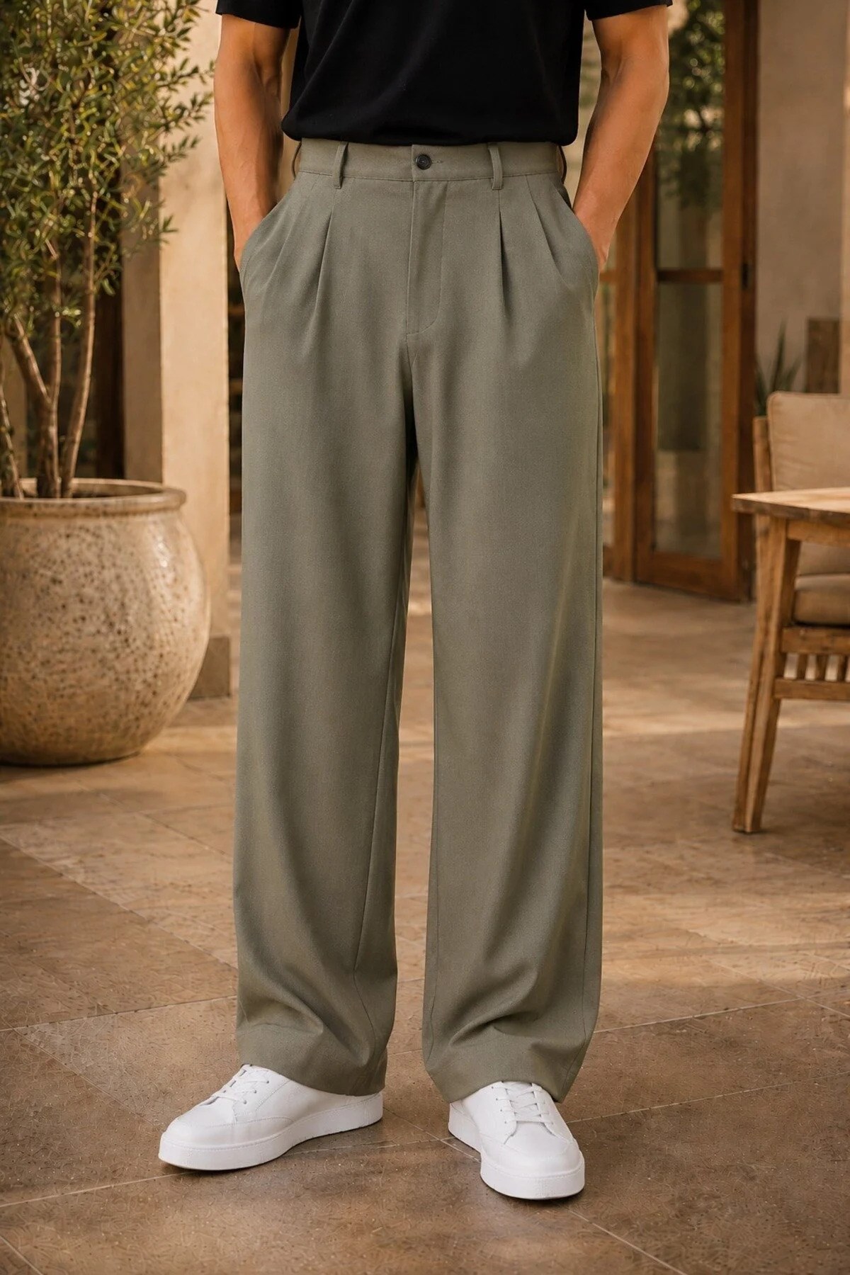 Erkek Haki Baggy Fit Rahat Kesim Pileli Kumaş Pantolon
