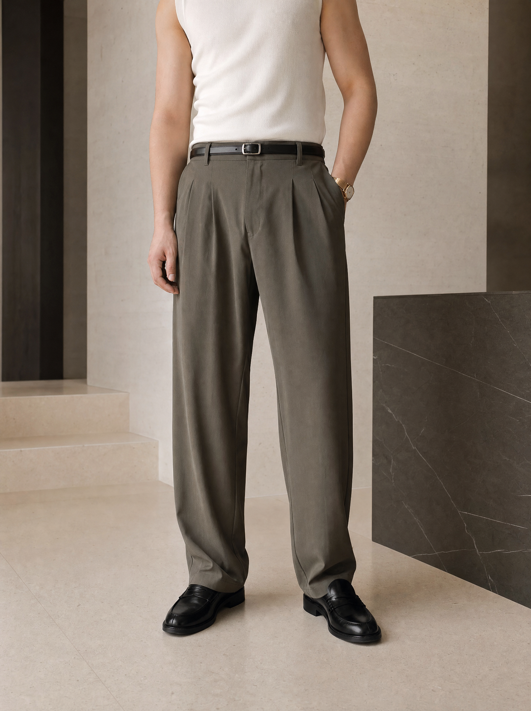 Erkek Haki Baggy Fit Rahat Kesim Pileli Kumaş Pantolon