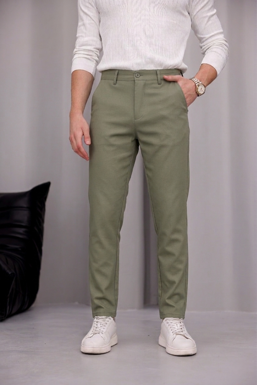 Erkek Haki Slim Fit Dar Kesim Likralı Yan Cep Bilek Boy Düz Kumaş Pantolon