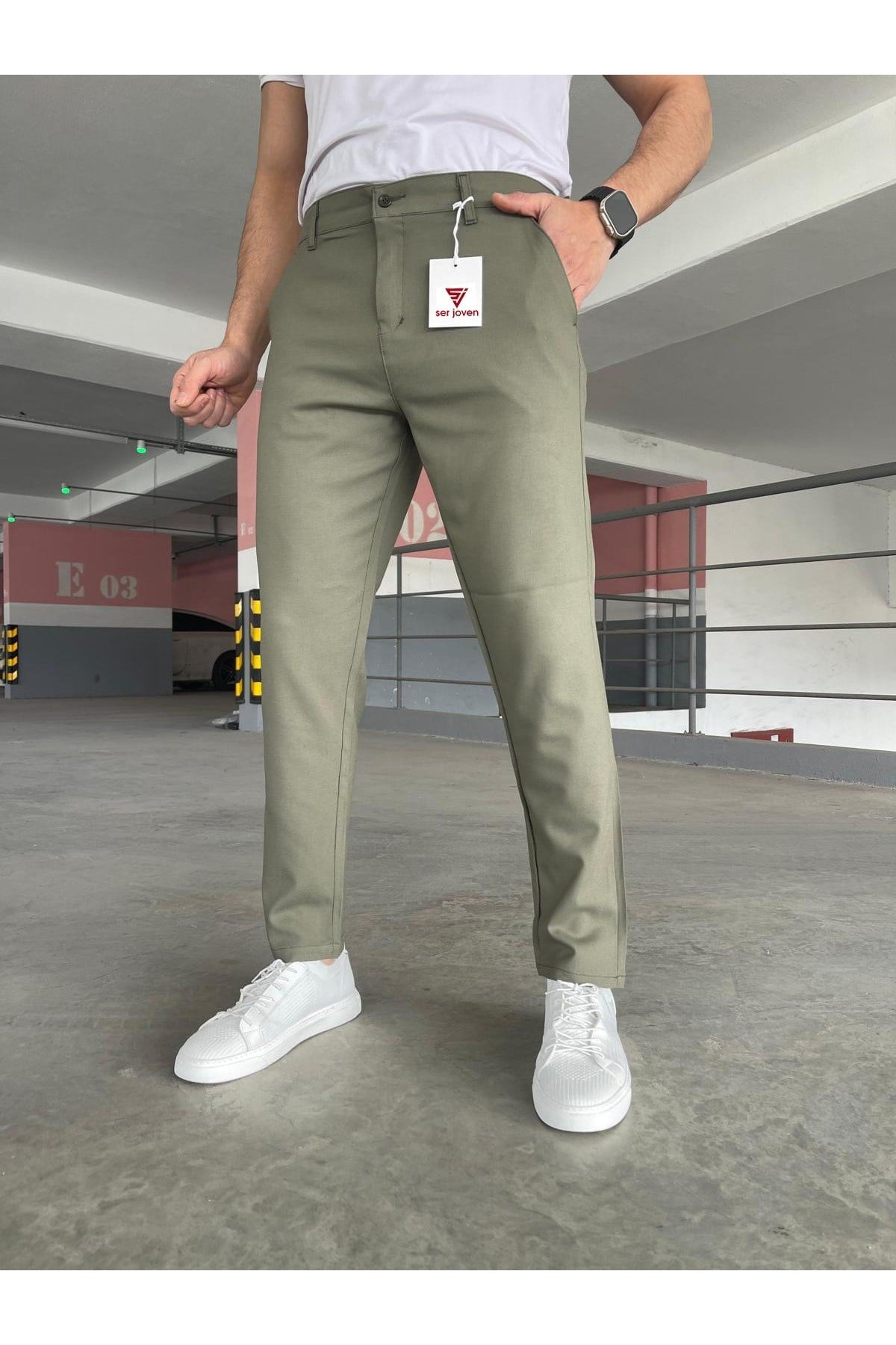 Erkek Haki Slim Fit Dar Kesim Likralı Yan Cep Bilek Boy Düz Kumaş Pantolon