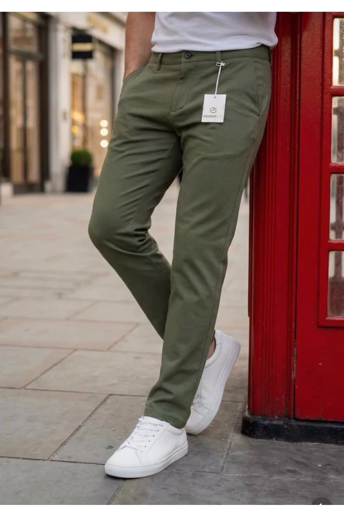 Erkek Haki Slim Fit Dar Kesim Likralı Yan Cep Bilek Boy Düz Kumaş Pantolon