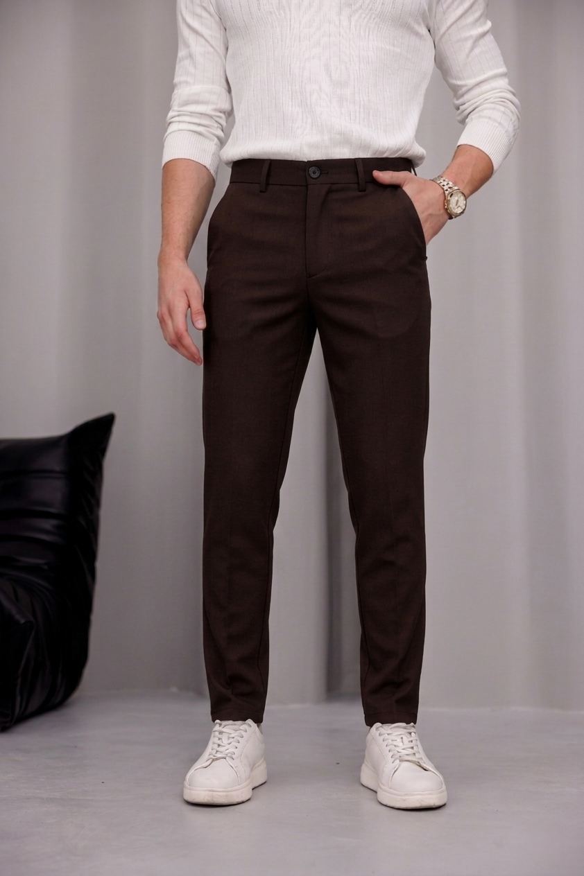Erkek Kahverengi Slim Fit Dar Kesim Likralı Yan Cep Bilek Boy Düz Kumaş Pantolon