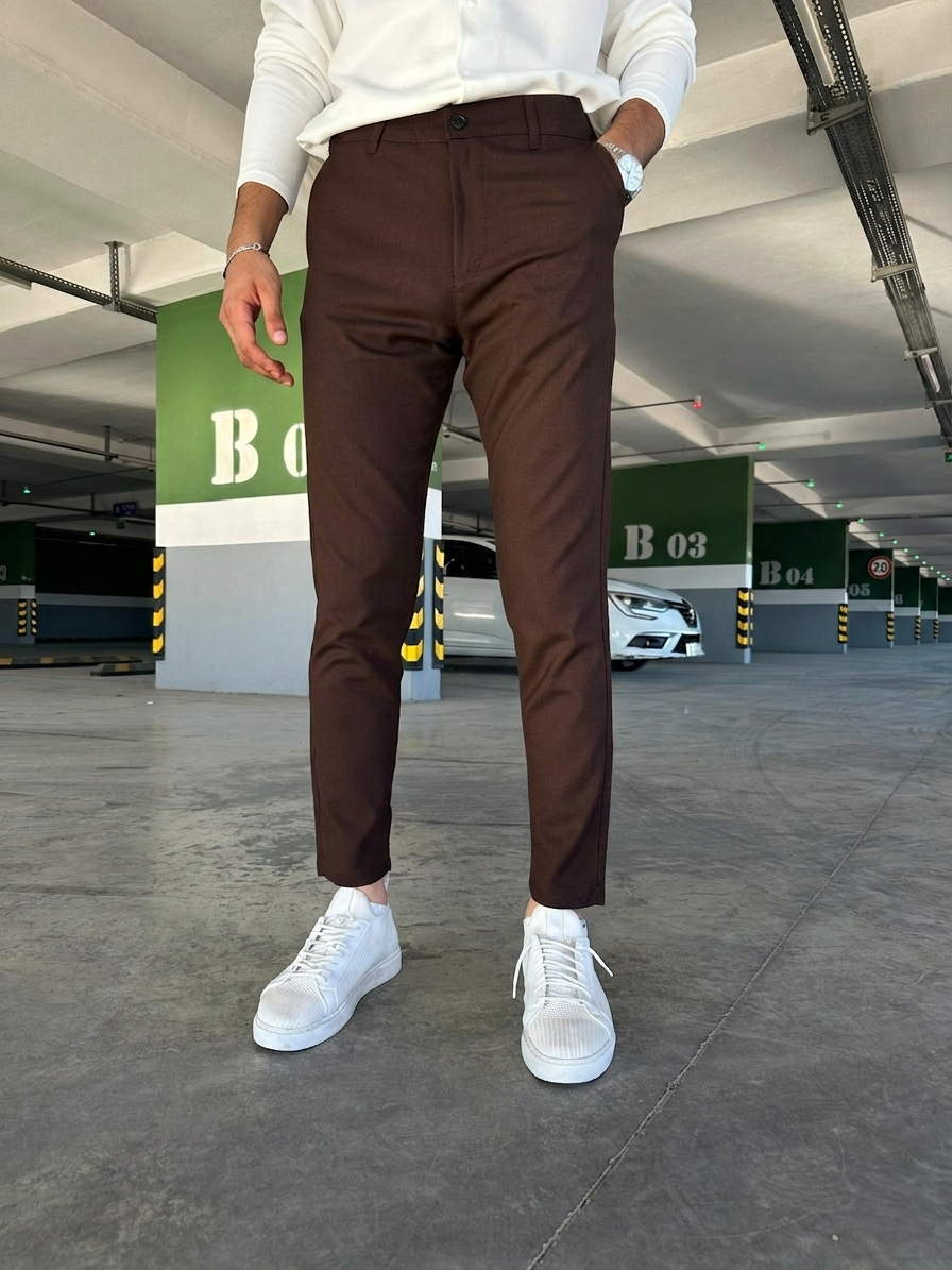Erkek Kahverengi Slim Fit Dar Kesim Likralı Yan Cep Bilek Boy Düz Kumaş Pantolon