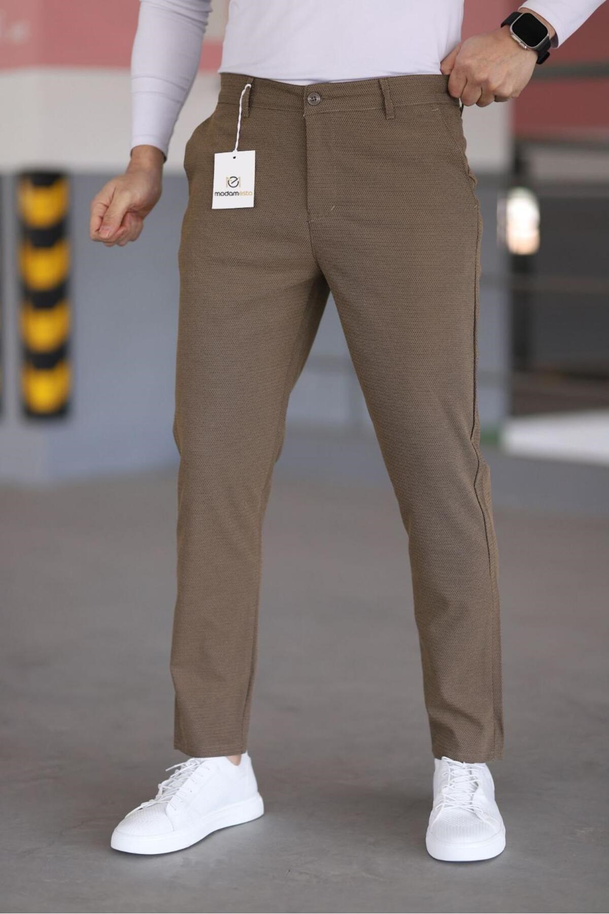 Erkek Kahverengi Slim Fit Likralı Armür Desenli Casual Pantolon