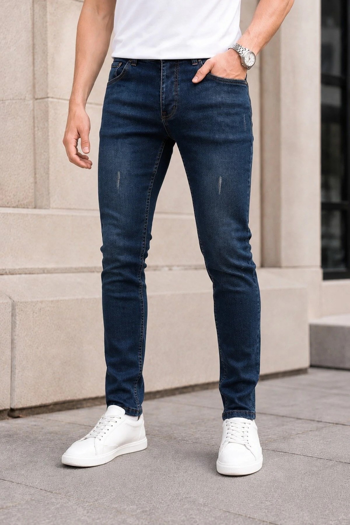 Erkek Kahverengi Slim Fit Tintli Lazerli Likralı Jean Pantolon