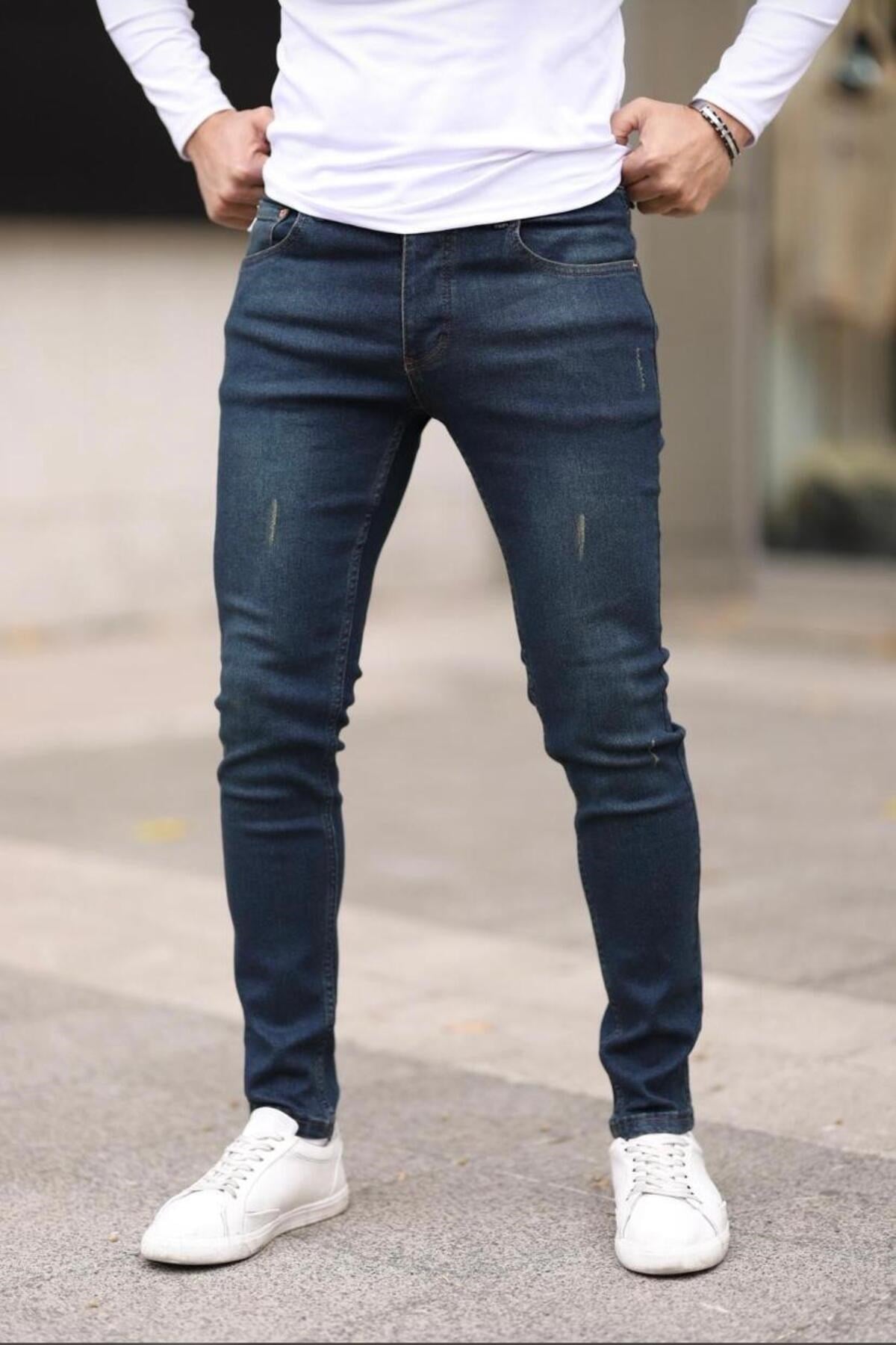 Erkek Kahverengi Slim Fit Tintli Lazerli Likralı Jean Pantolon