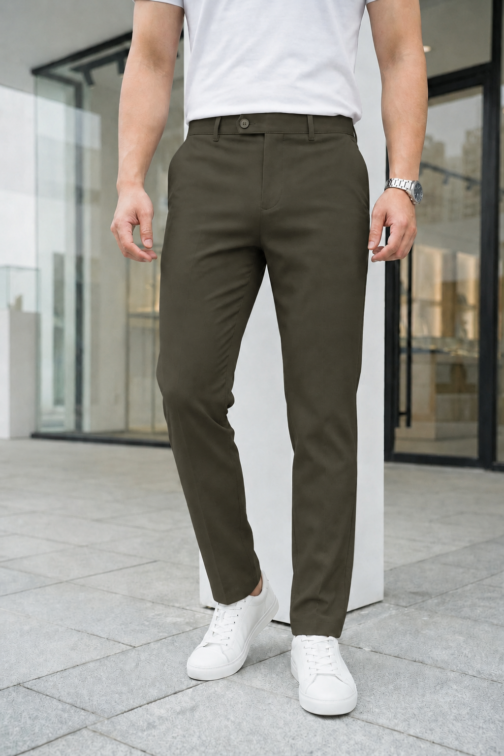 Erkek Koyu Yeşil Slim Fit Likralı Yan Cep Bilek Boy Düz Kumaş Pantolon