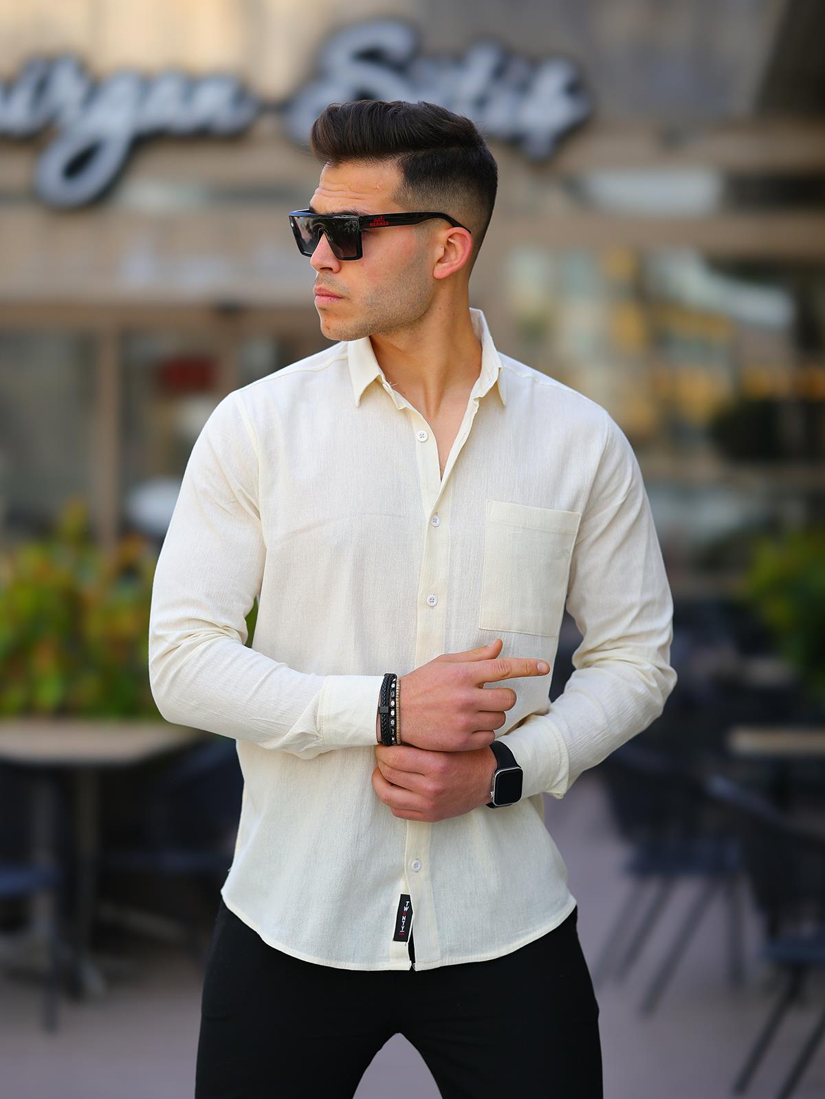 Erkek Krem Regular Fit Cepli Keten Gömlek