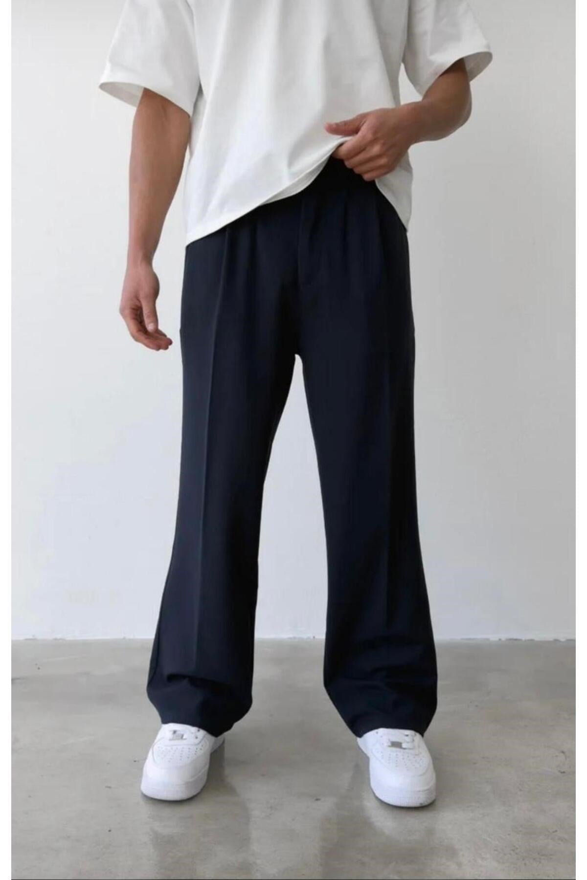 Erkek Lacivert Baggy Fit Rahat Kesim Pileli Kumaş Pantolon