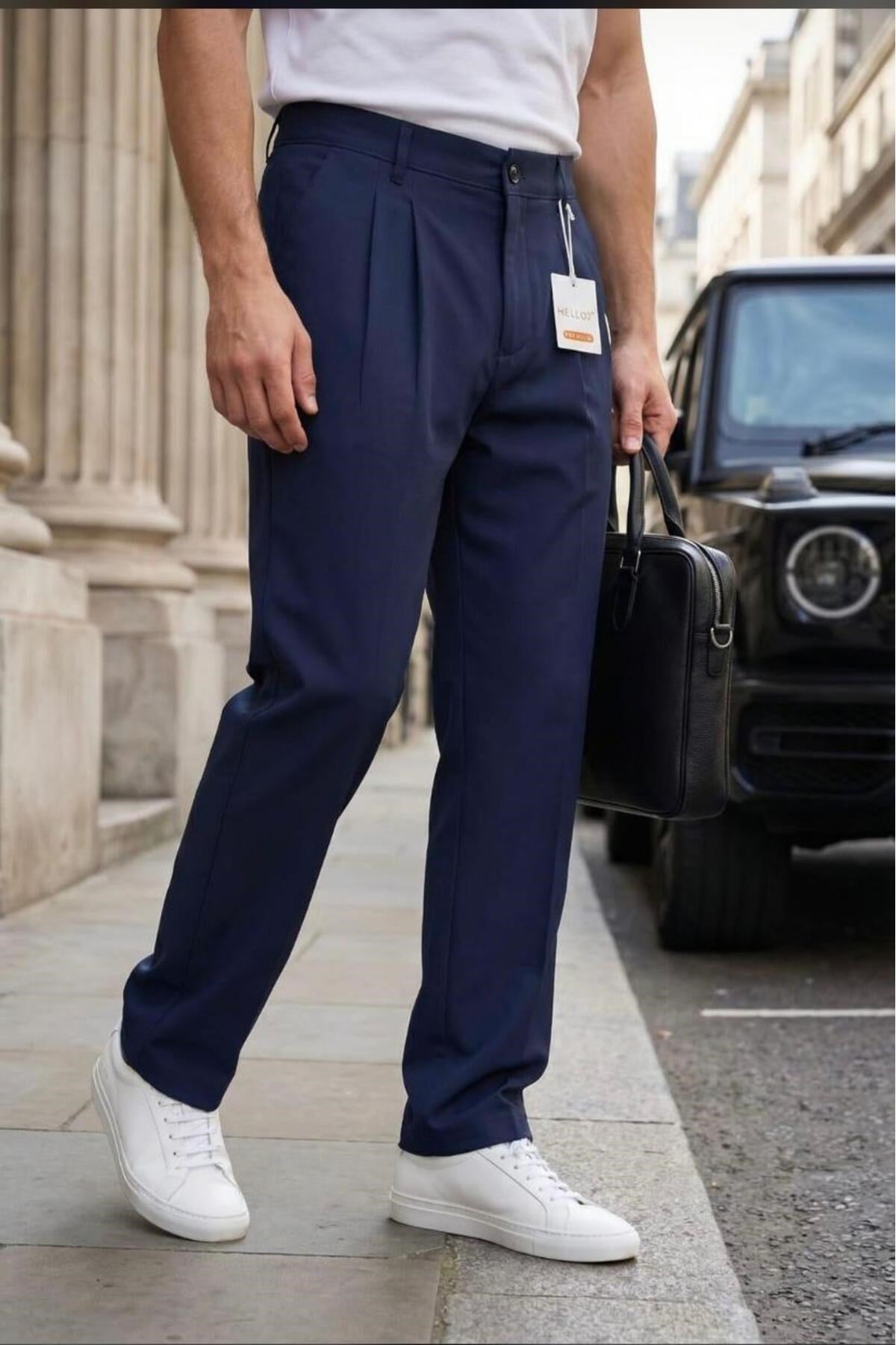 Erkek Lacivert Baggy Fit Rahat Kesim Pileli Kumaş Pantolon