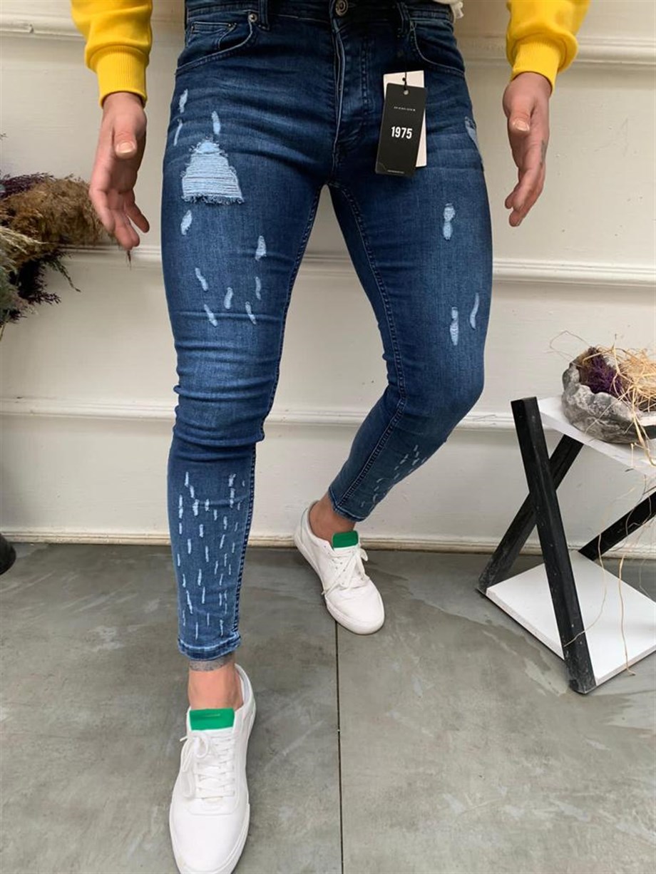 Erkek Lacivert Destroylu Skinny Fit Kot Pantolon