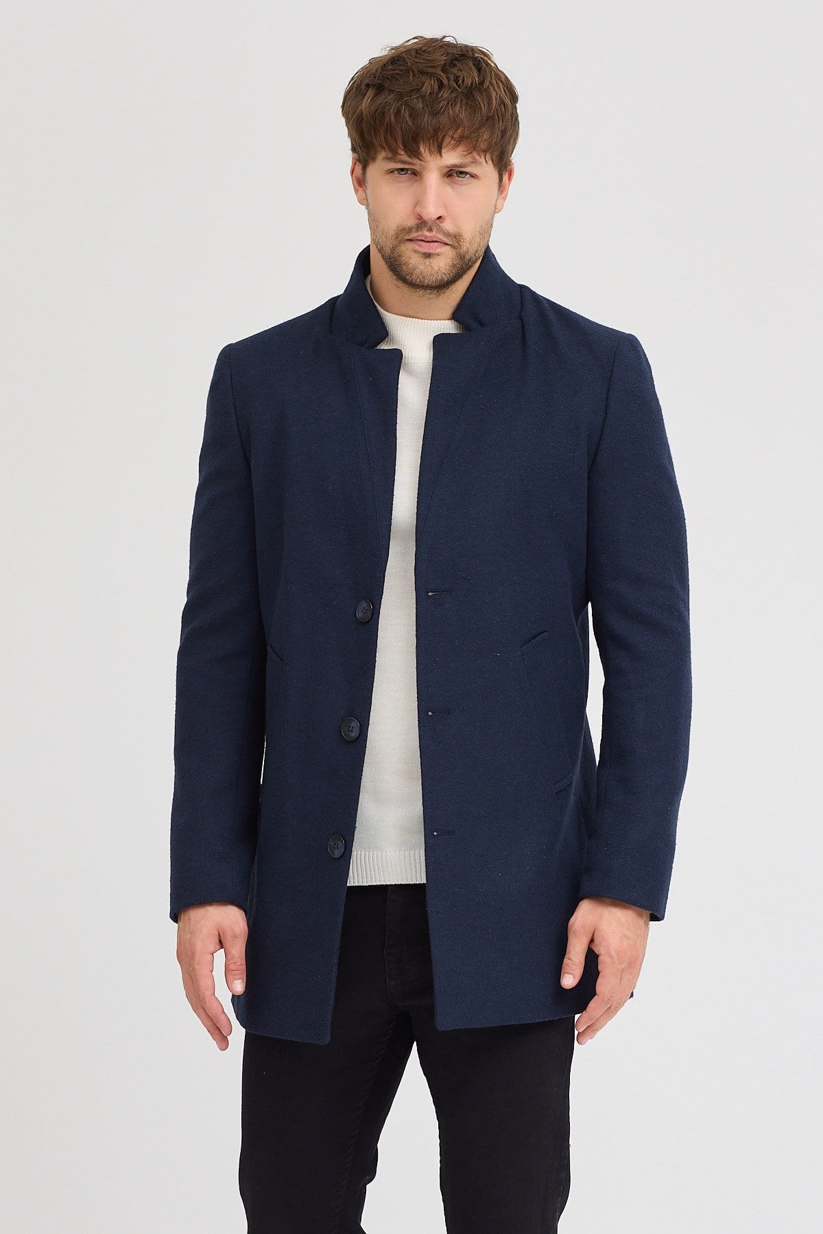 Erkek Lacivert Kaşe Kaban Slim Fit Dik Yaka Kışlık Kaban Palto
