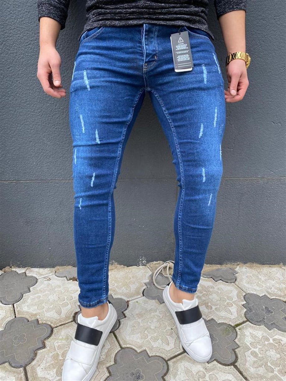 Erkek Lacivert Lazer Destroylu Skinny Fit Kot Pantolon