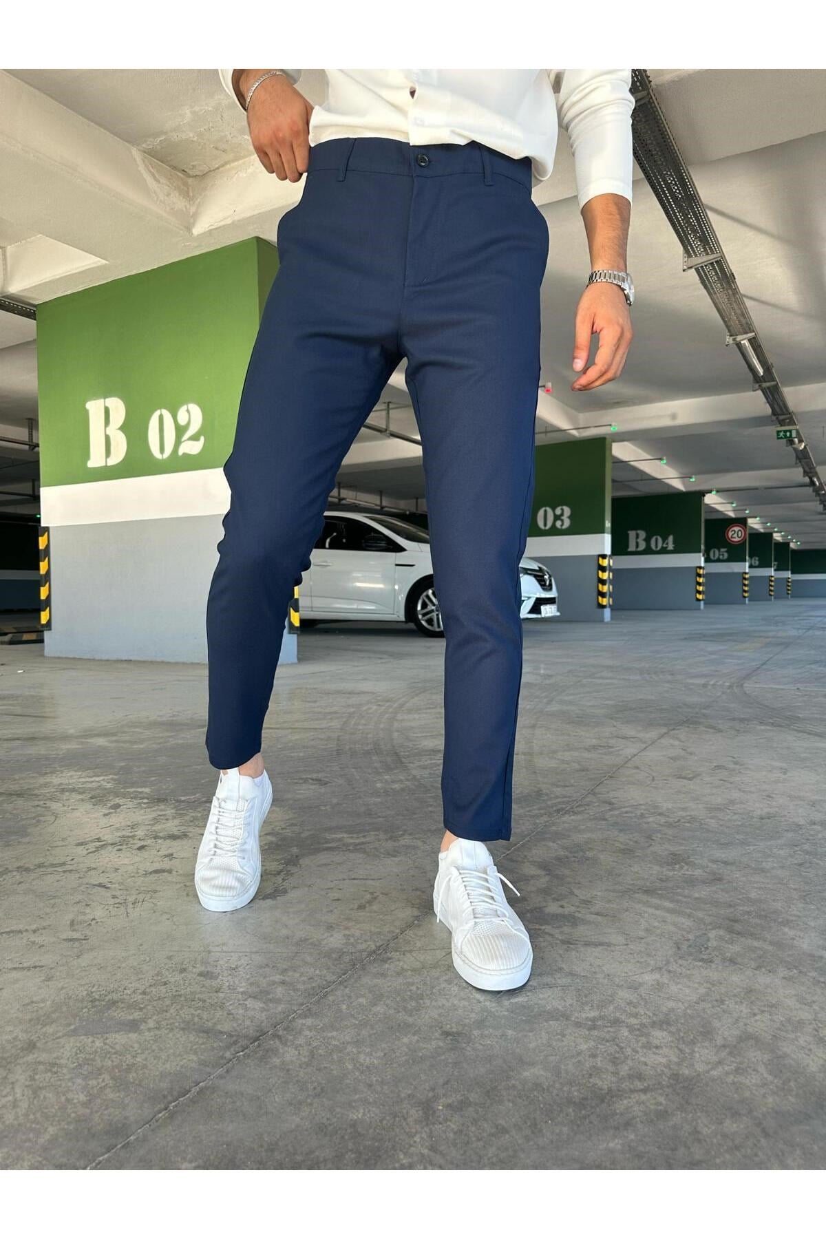 Erkek Lacivert Slim Fit Dar Kesim Likralı Yan Cep Bilek Boy Düz Kumaş Pantolon