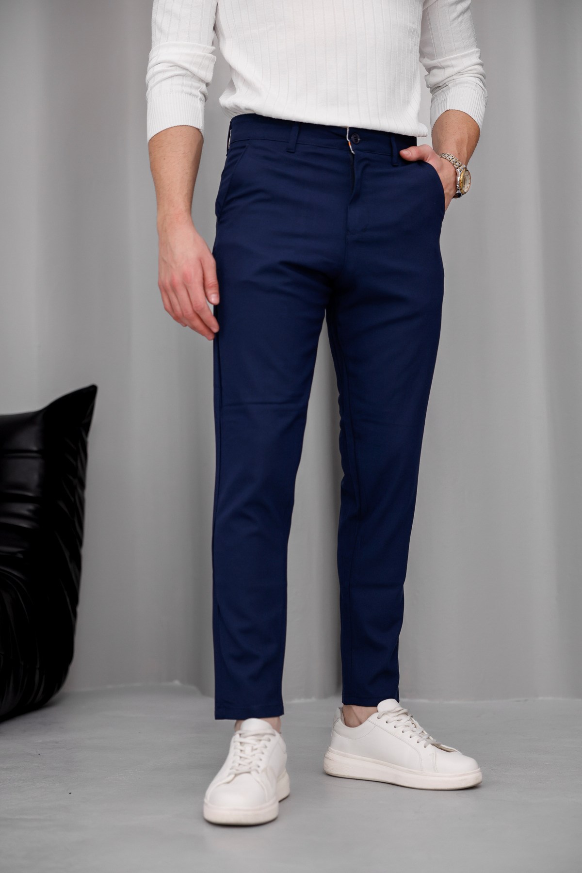 Erkek Lacivert Slim Fit Dar Kesim Likralı Yan Cep Bilek Boy Düz Kumaş Pantolon