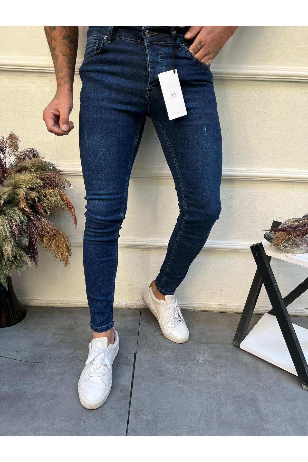 Erkek Lacivert Slim Fit Lazerli Likralı Jean Pantolon