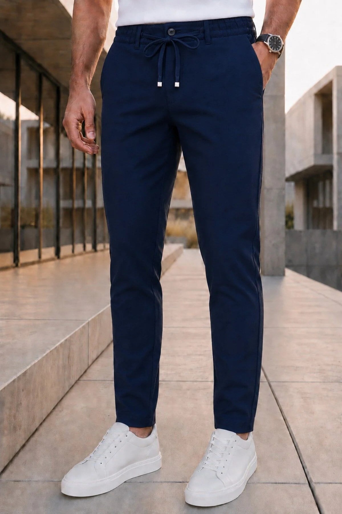 Erkek Lacivert Slim Fit Likralı Beli Lastikli Bağcıklı Yan Cep Jogger Kumaş Pantolon