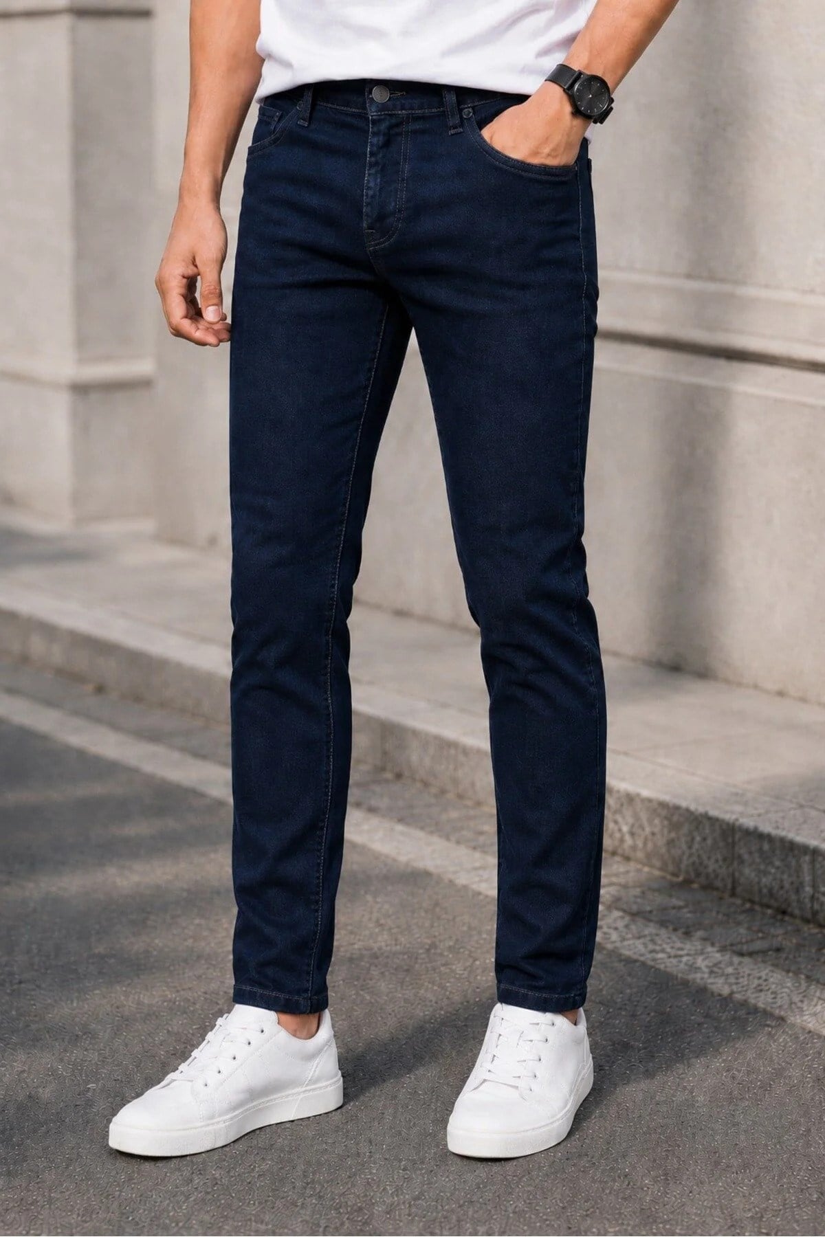 Erkek Lacivert Slim Fit Likralı Dar Paça Kot Pantolon