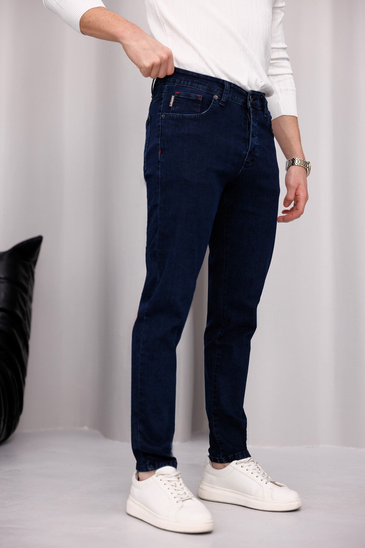 Erkek Lacivert Slim Fit Likralı Dar Paça Kot Pantolon