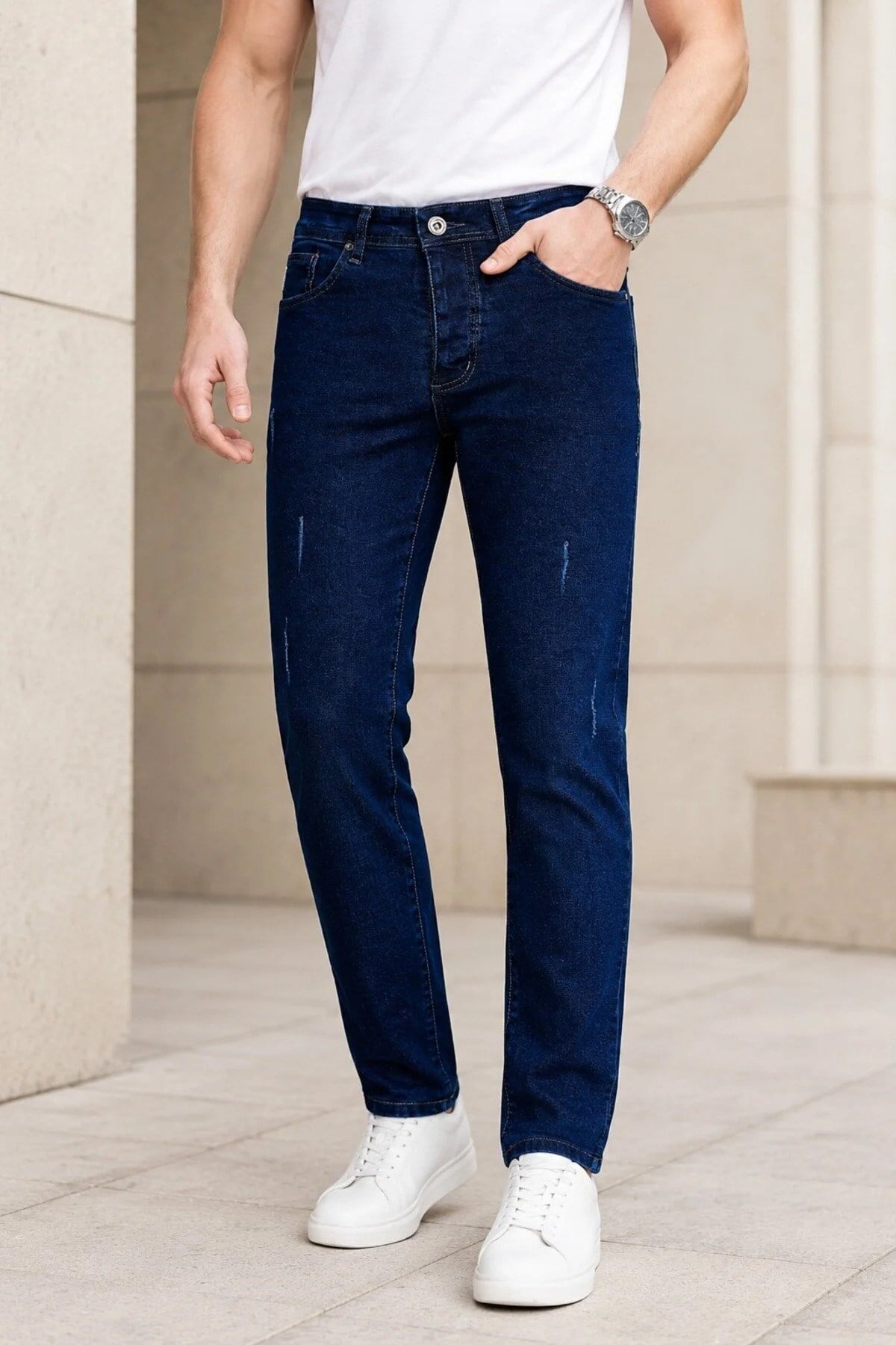 Erkek Lacivert Slim Fit Likralı Dar Paça Lazerli Kot Pantolon