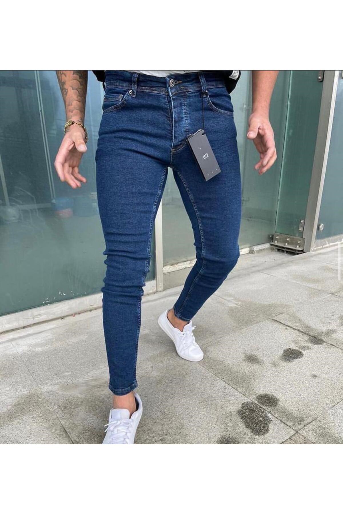 Erkek Lacivert Slim Fit Likralı Jean Pantolon