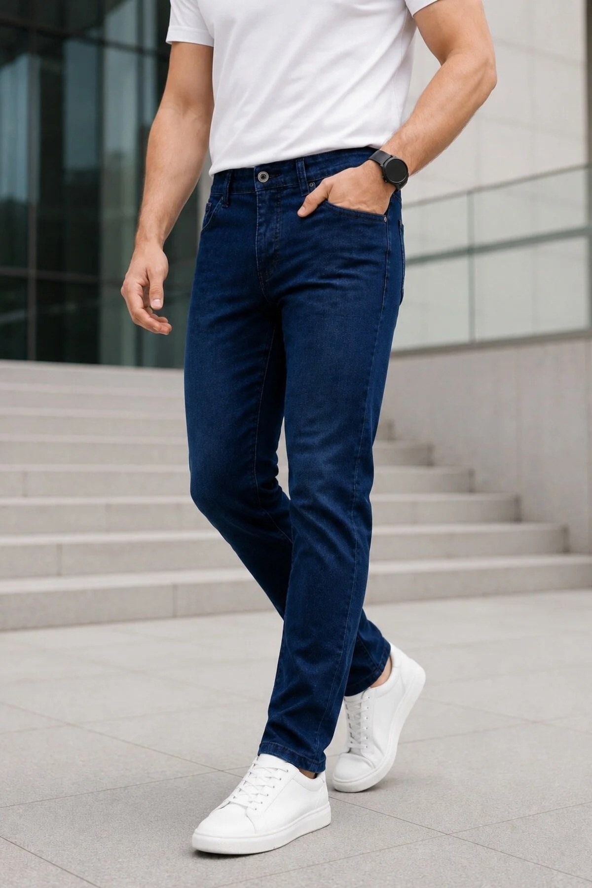 Erkek Lacivert Slim Fit Likralı Jean Pantolon
