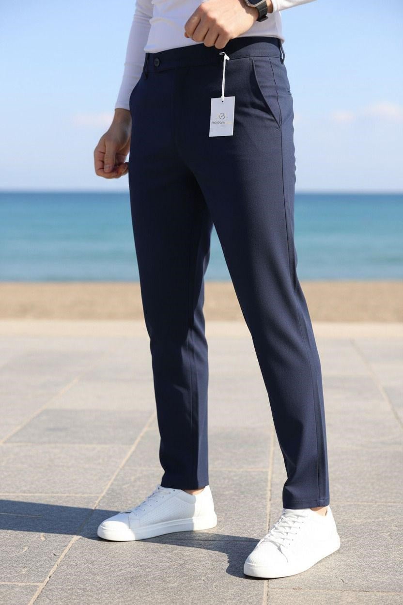 Erkek Lacivert Slim Fit Likralı Yan Cep Bilek Boy Düz Kumaş Pantolon
