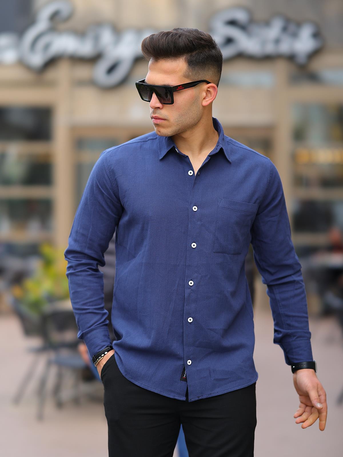 Erkek Mavi Regular Fit Cepli Keten Gömlek