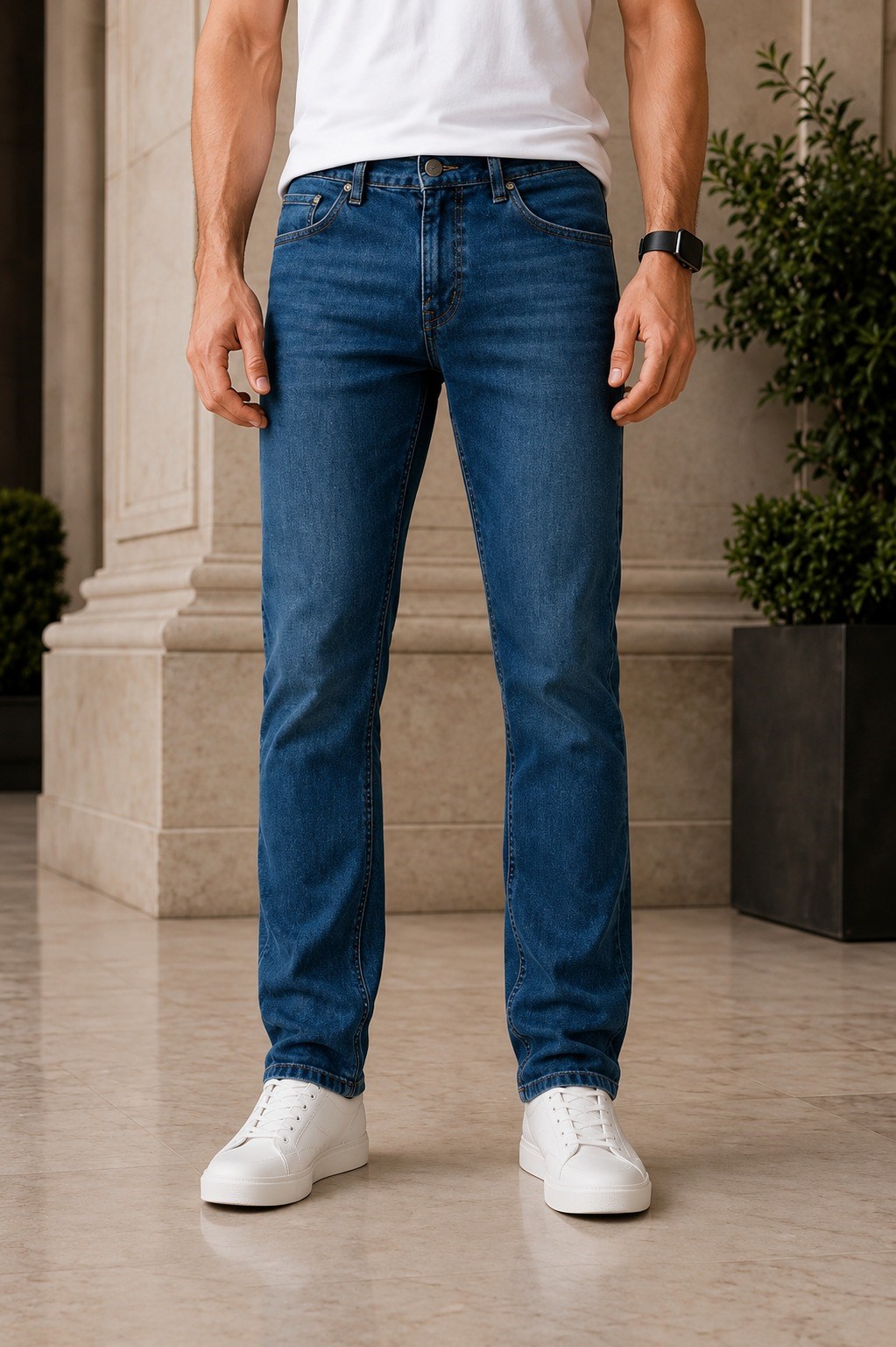 Erkek Mavi Regular Fit Taşlamalı Düz Paça Kot Pantolon