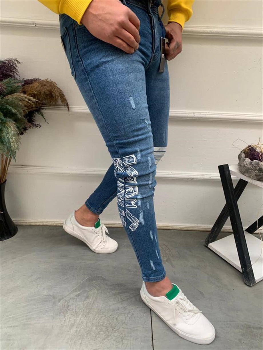 Erkek Mavi Skinny Fit Baskılı Kot Pantolon