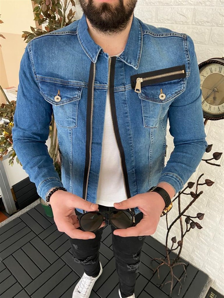 Erkek Mavi Slim Fit Fermuarlı Kot Ceket