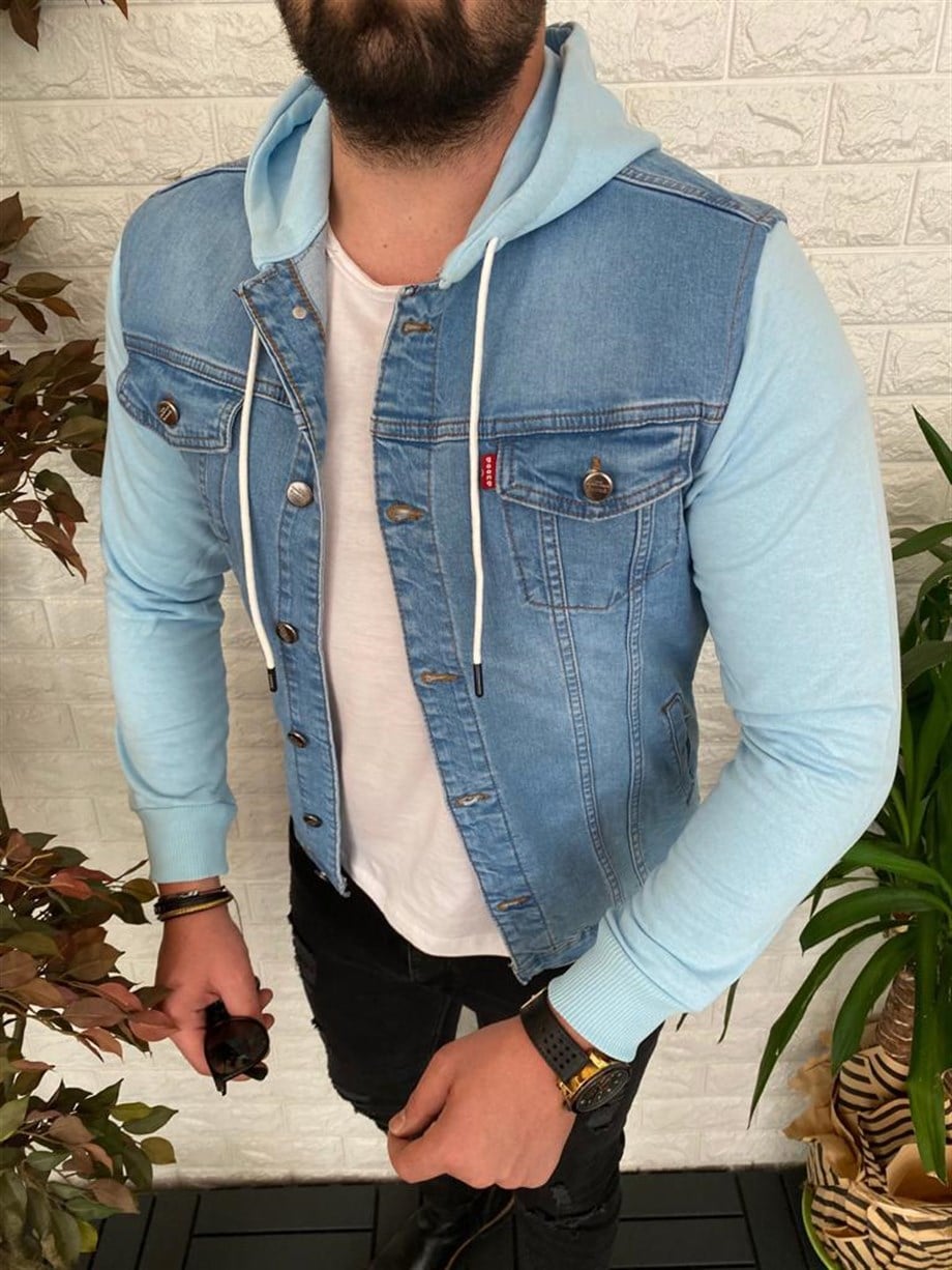 Erkek Mavi Slim Fit Kapüşonlu Kot Ceket